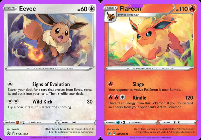 Ilustração combinada: Eevee e Flareon no Pokémon TCG