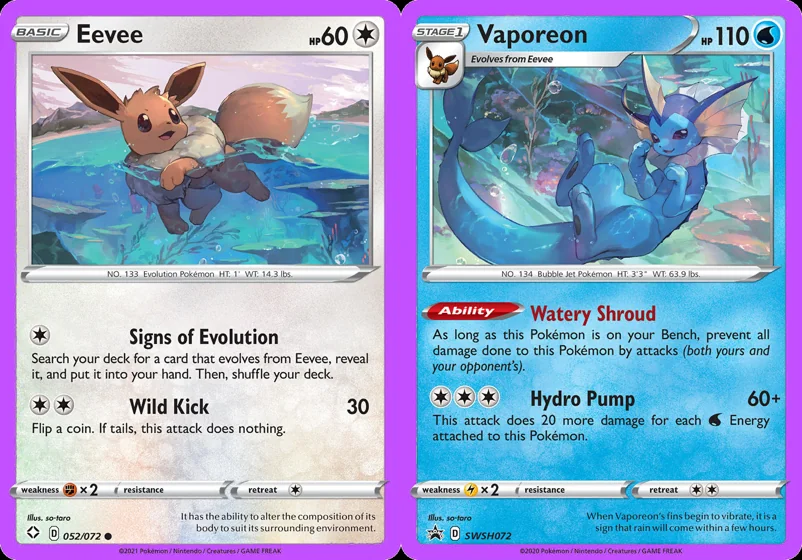 Ilustração combinada: Eevee e Vaporeon no Pokémon TCG
