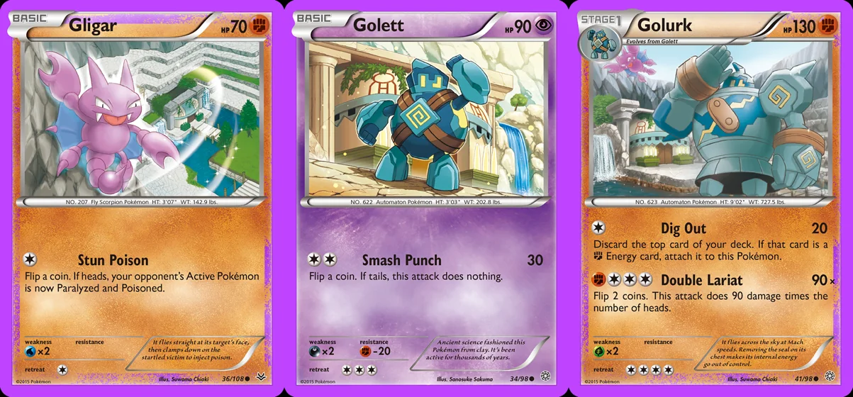 Ilustração combinada: Gligar, Golett e Golurk no Pokémon TCG