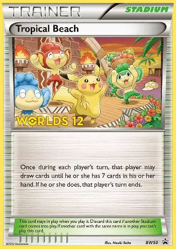 Praia Tropical BW50/99 de Black & White Promos, com Pikachu, Psyduck e mais 3 escondidos na arte