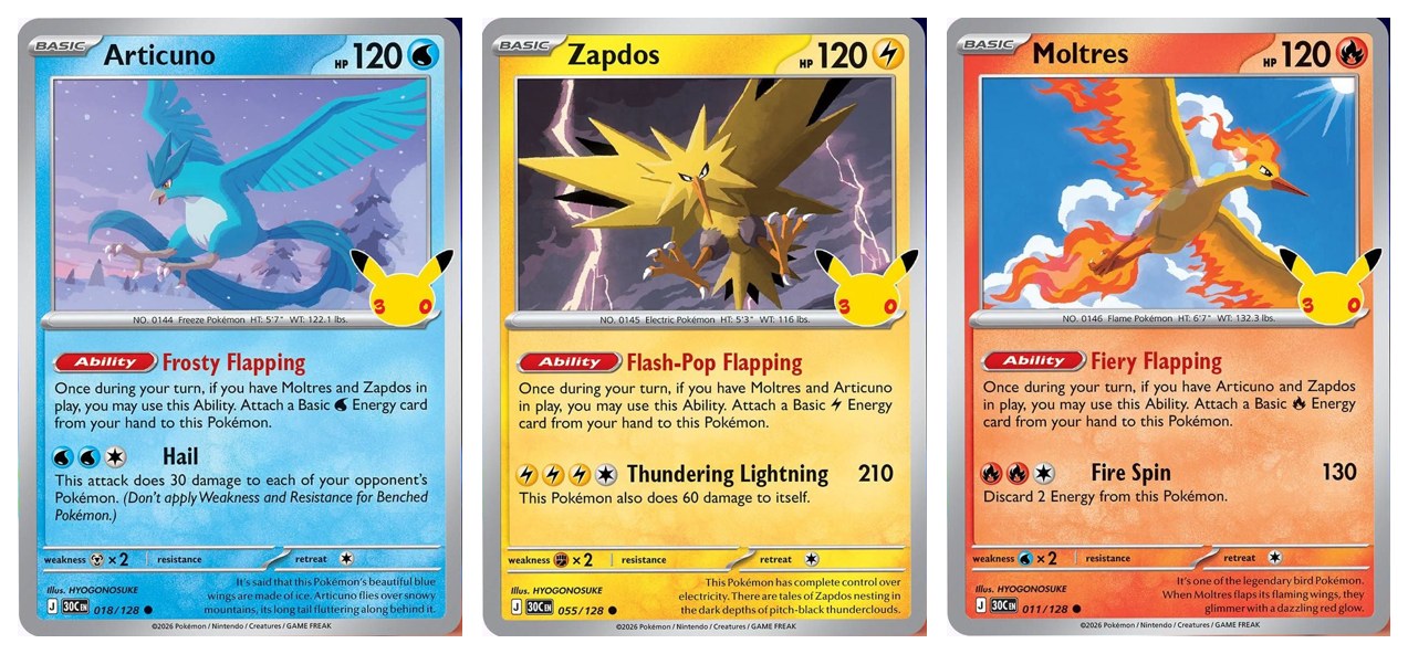 Cartas de Articuno, Zapdos e Moltres da Celebracao de 30 Anos do Pokemon TCG
