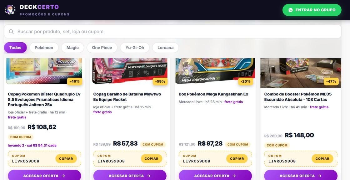 Feed de promoções de Pokémon TCG com cupom no Deck Certo