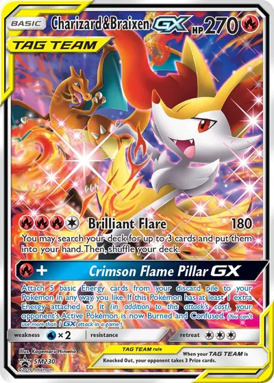 Charizard & Braixen-GX - Promos de Sol e Lua - ilustração de Kagemaru Himeno