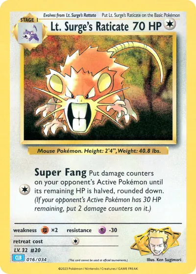 Lt. Surge’s Raticate - Pokémon Trading Card Game Classic: Blastoise - ilustração de Ken Sugimori