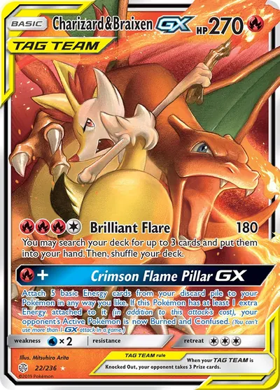 Charizard e Braixen-GX - Eclipse Cósmico - ilustração de Mitsuhiro Arita