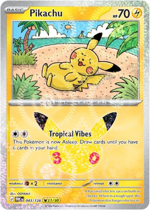 Carta Pikachu de OOYAMA numero 21/30 das 30 cartas de Pikachu da Celebração de 30 Anos