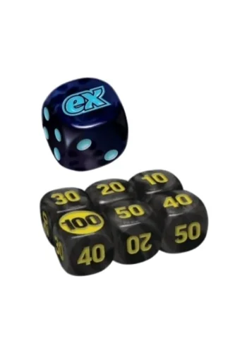 Conjunto com sete dados Marcadores D6 - Caixa Treinador Avançado Fogo Fantasmagórico - Azul e Amarelo