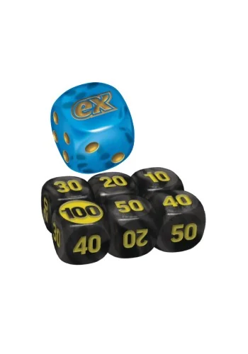Conjunto com sete dados Marcadores D6 - Caixa Treinador Avançado Megaevolução - Mega Lucario - Azul e Amarelo