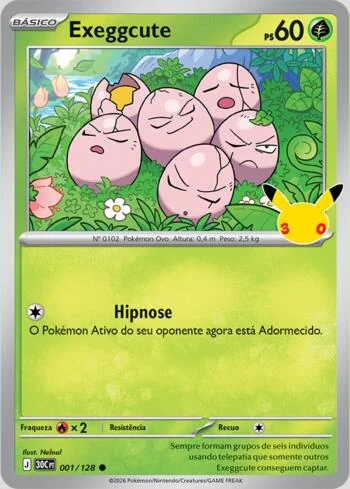 Carta Exeggcute 001/128 da Celebração de 30 Anos, no tamanho padrão de 6,3 x 8,8 cm