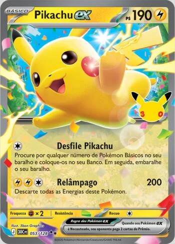 Carta Pikachu ex 053/128 da Celebração de 30 Anos, no tamanho padrão de 6,3 x 8,8 cm