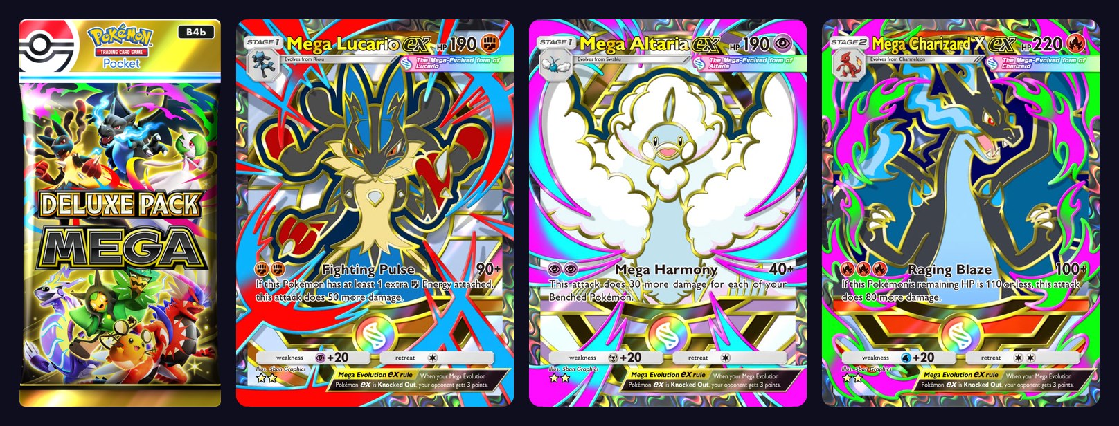 Pacote Deluxe Mega do Pokemon TCG Pocket com as cartas Mega Lucario ex, Mega Altaria ex e Mega Charizard X ex