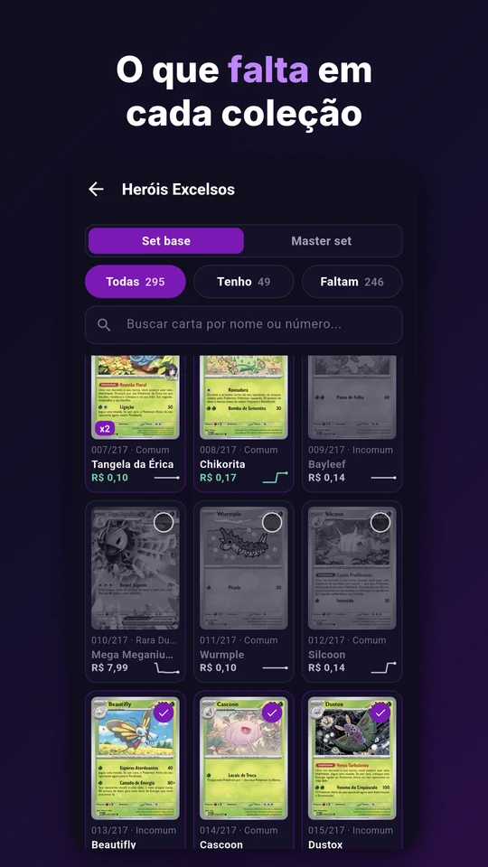 Tela do app Deck Certo na Google Play: a grade da coleção com o que você tem e o que falta, no set base ou no master set