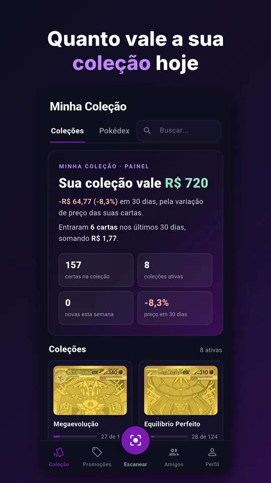 Tela Minha Coleção do app Deck Certo, como aparece na Google Play, com o valor da coleção em reais e a variação do preço em 30 dias