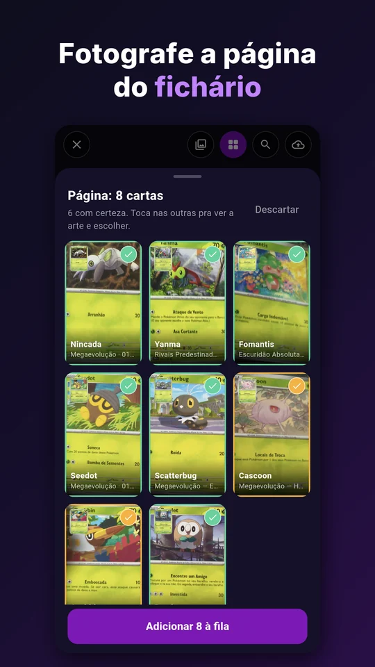 Tela do app Deck Certo na Google Play: o modo página reconhece as cartas de uma folha do fichário numa foto só