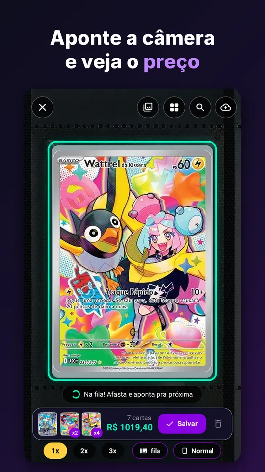 Tela do scanner do app Deck Certo, como aparece na Google Play: a câmera reconhece a carta Pokémon e mostra o preço em reais