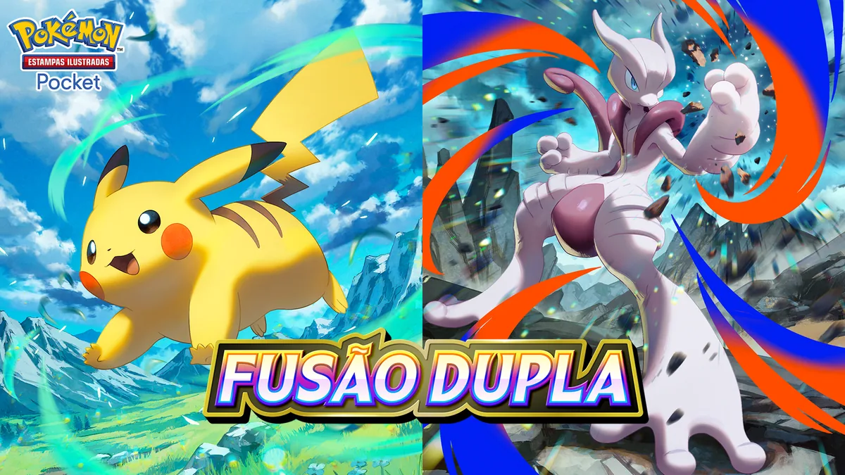 Arte oficial da Fusão Dupla em português, com Pikachu, Mega Mewtwo X e o logo da expansão