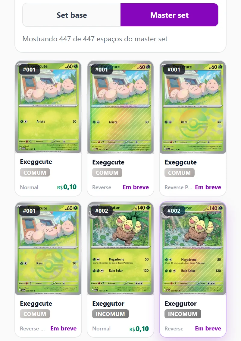 Card list de Evoluções Prismáticas no Deck Certo com o botão Master set ligado: a Exeggcute 001 aparece em quatro versões, normal, reverse, reverse Poké Ball e reverse Master Ball