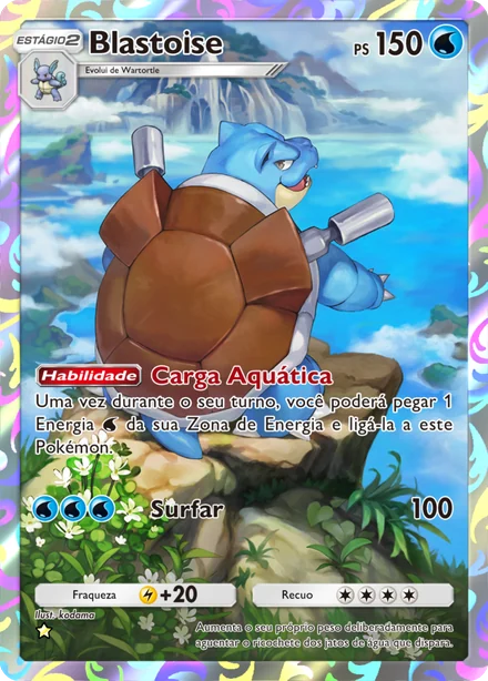 Carta Blastoise da Fusão Dupla, de tipo Água, com 1 estrela e ilustração na carta inteira