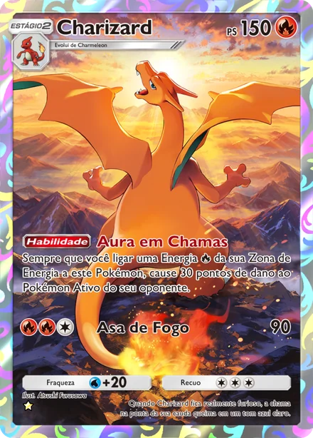 Carta Charizard da Fusão Dupla, de tipo Fogo, com 1 estrela e ilustração na carta inteira