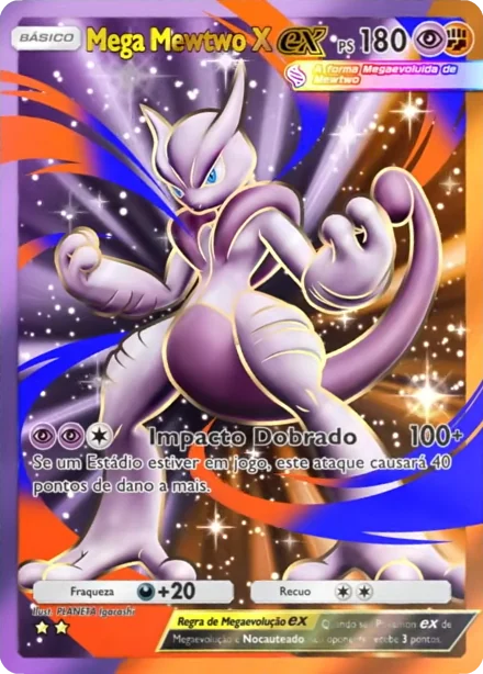 Carta Mega Mewtwo X ex de 2 estrelas, com ilustração na carta inteira, recortada do trailer da Fusão Dupla