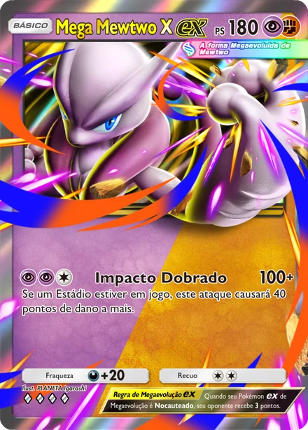 Carta Mega Mewtwo X ex da Fusão Dupla, de tipos Psíquico e Luta, com 4 diamantes