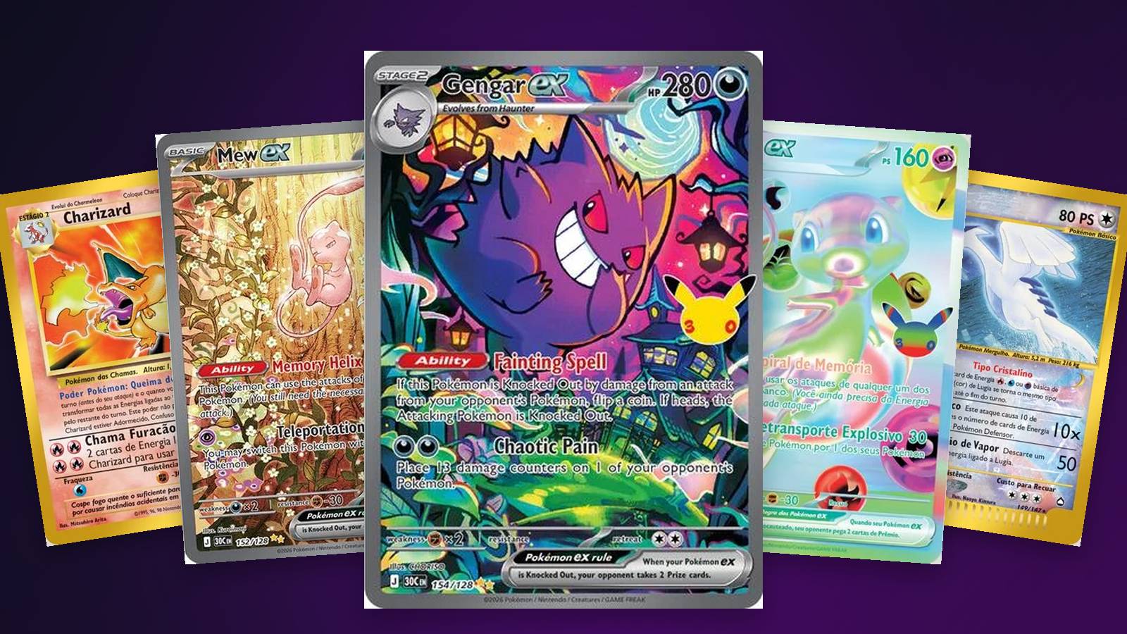 Cartas Gengar ex 154/128 e Mew ex 152/128 da Celebração de 30 Anos entre a Mew ex 158/128, o Charizard 4/102 e a Lugia 149/147