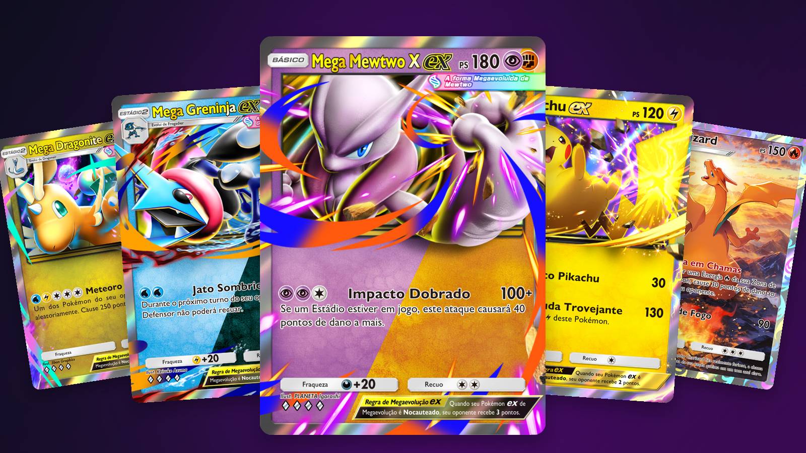 Cartas Mega Dragonite ex, Mega Greninja ex, Mega Mewtwo X ex, Pikachu ex e Charizard da expansão Fusão Dupla do Pokémon TCG Pocket