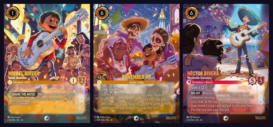 Cartas Enchanted Miguel Rivera, Street Musician, Remember Me e Héctor Rivera, Worldwide Sensation, de Coco, lado a lado e com o texto em inglês