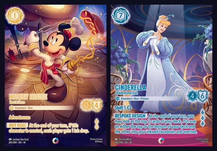 Cartas Mickey Mouse, Best in Town e Cinderella, Unintentional Icon, as duas Iconic de Hyperia City, lado a lado e com o texto em inglês
