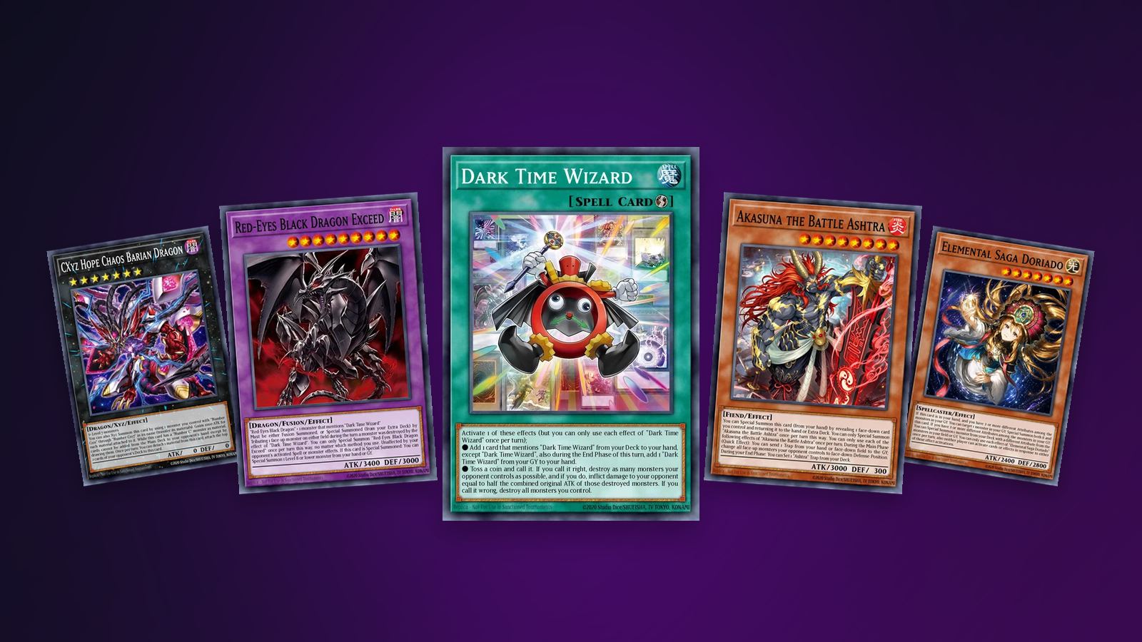 Mago do Tempo Negro ao centro, entre Dragão Negro de Olhos Vermelhos Ultrapassado e Akasuna, o Ashtra de Batalha, com CXyz Dragão Barian do Caos da Esperança e Doriado, Saga dos Elementos nas pontas: cartas de Beyond the Brave com o texto em inglês, sobre fundo roxo escuro