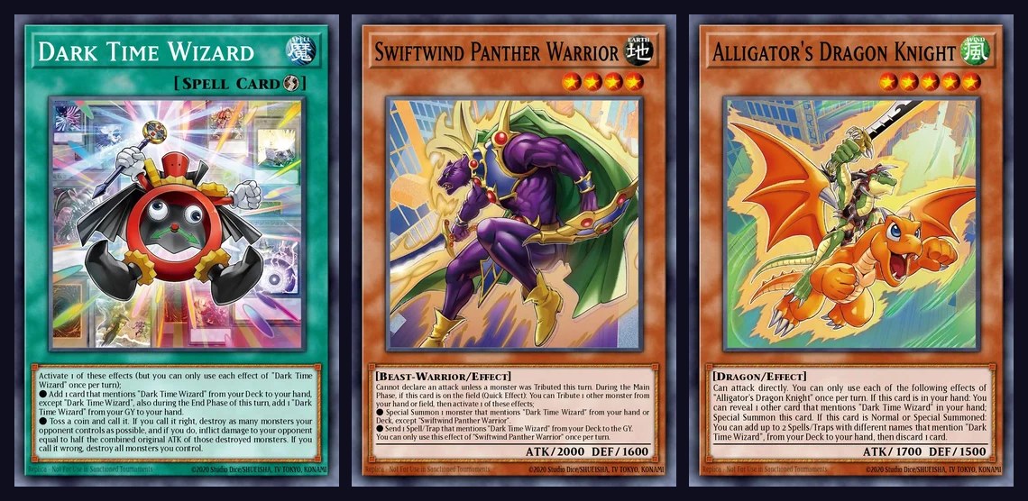 Cartas Mago do Tempo Negro, Guerreiro Pantera Vento Veloz e Cavaleiro Dragão do Jacaré, do tema do Joey Wheeler em Beyond the Brave, lado a lado e com o texto em inglês