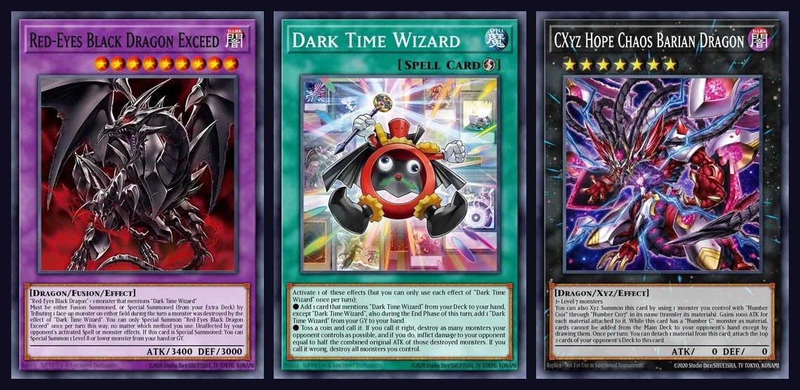 Cartas Dragão Negro de Olhos Vermelhos Ultrapassado, Mago do Tempo Negro e CXyz Dragão Barian do Caos da Esperança, de Beyond the Brave, lado a lado e com o texto em inglês