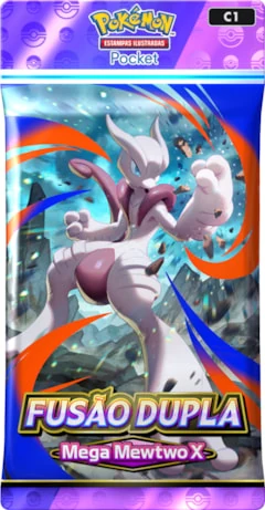 Pacote Fusão Dupla com Mega Mewtwo X na capa, do Pokémon TCG Pocket