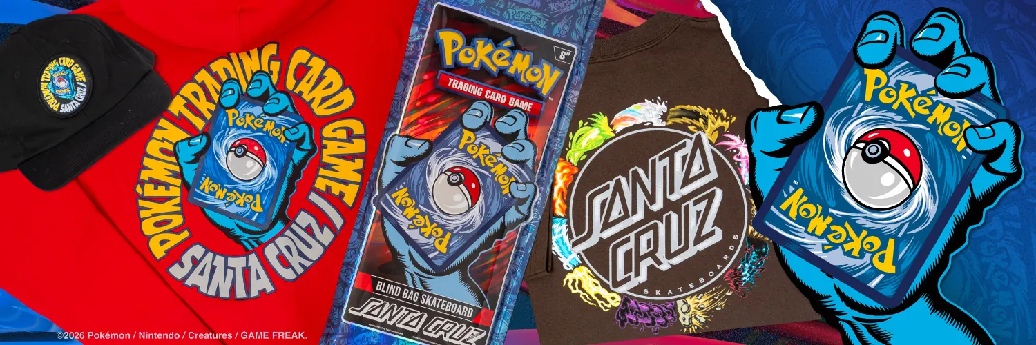 Banner oficial da coleção Santa Cruz x Pokémon TCG com boné, roupas, a embalagem do blind bag e a Screaming Hand segurando o verso de uma carta Pokémon