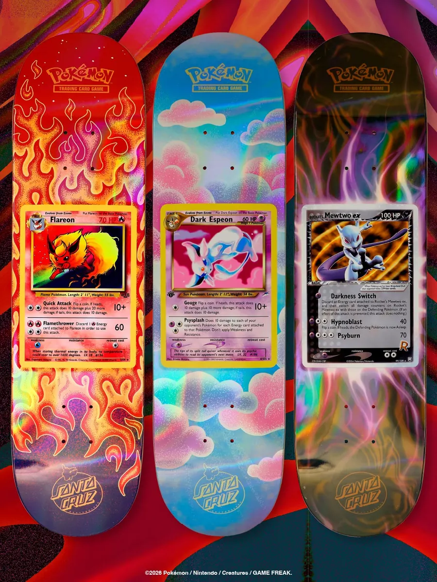 Shapes Santa Cruz x Pokémon TCG do Flareon, do Dark Espeon e do Rocket's Mewtwo ex