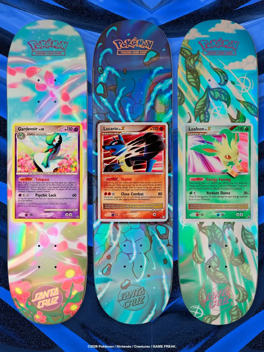 Shapes Santa Cruz x Pokémon TCG do Gardevoir, do Lucario LV.X e do Leafeon LV.X