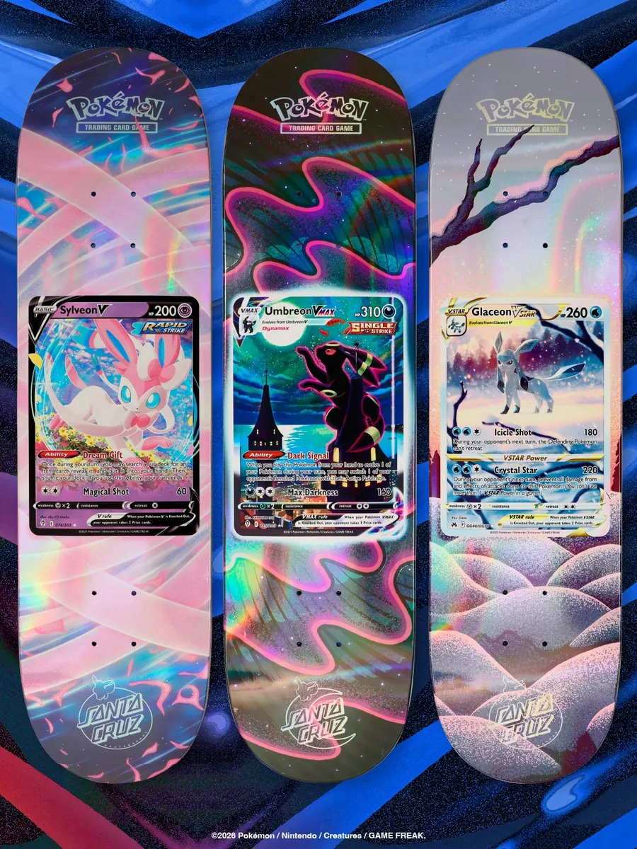Shapes Santa Cruz x Pokémon TCG do Sylveon V, do Umbreon VMAX e do Glaceon VSTAR