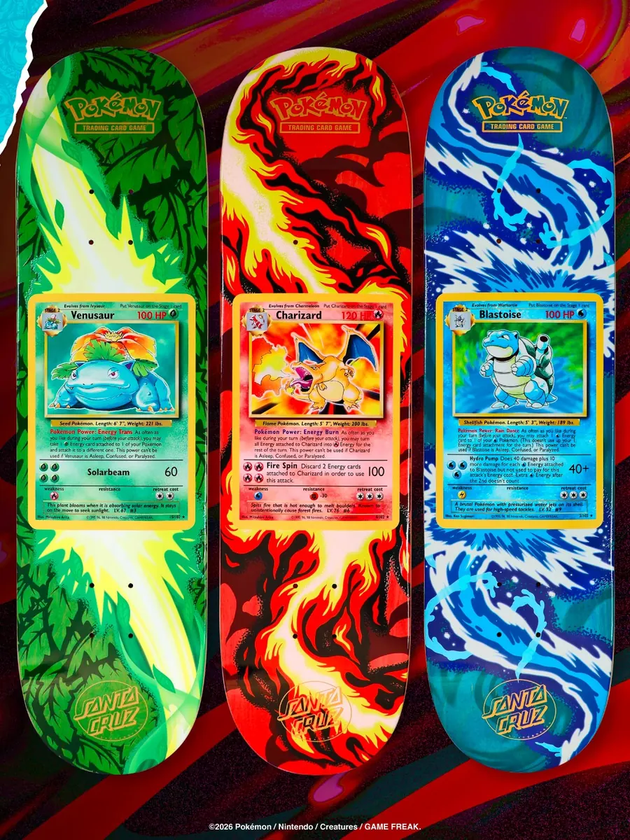 Shapes Santa Cruz x Pokémon TCG do Venusaur, do Charizard e do Blastoise, com as cartas da Coleção Básica no centro