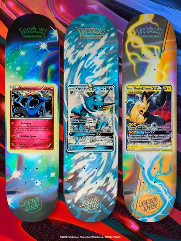 Shapes Santa Cruz x Pokémon TCG do Xerneas, do Vaporeon-GX e do Pikachu e Zekrom-GX