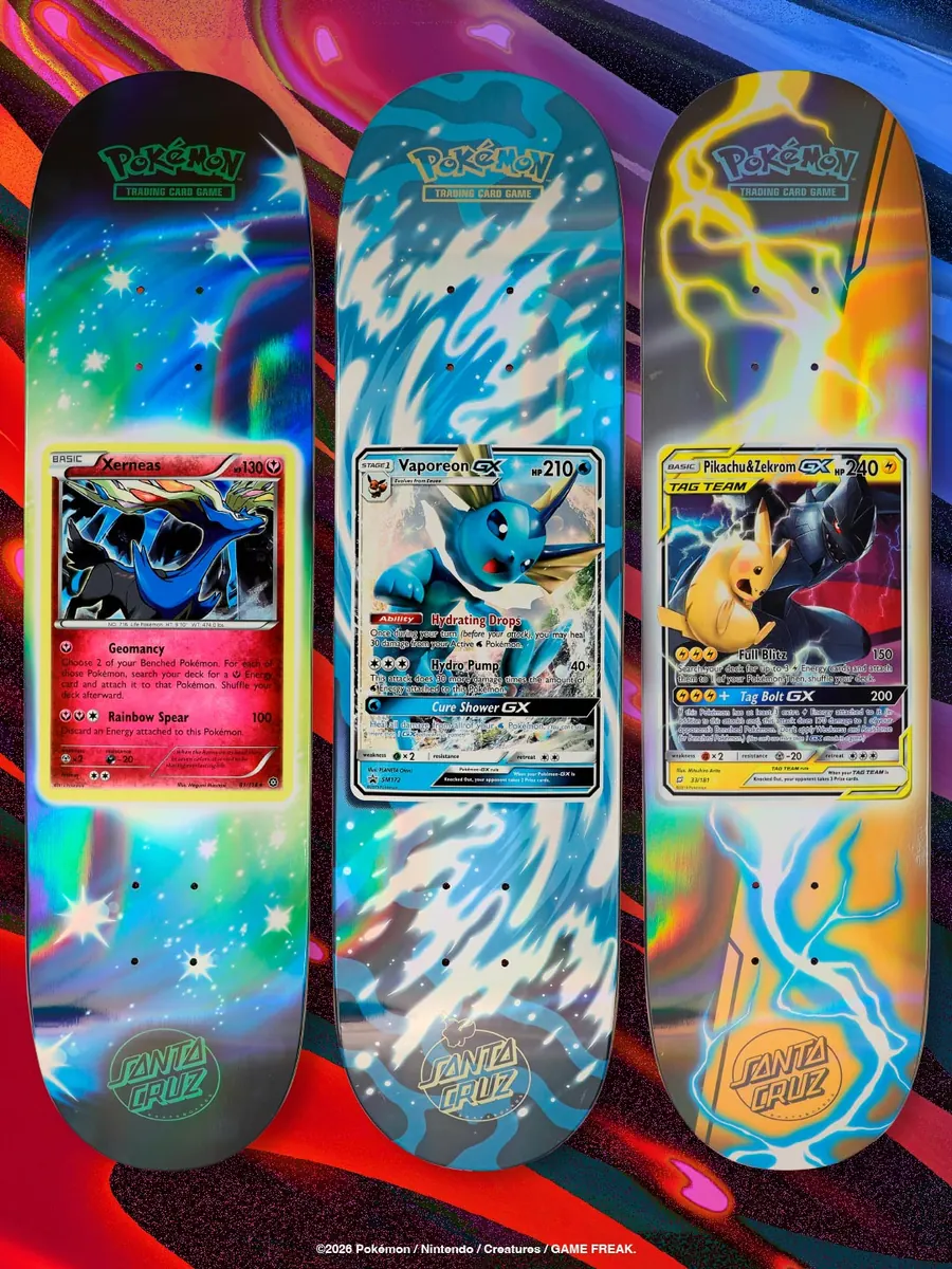 Shapes Santa Cruz x Pokémon TCG do Xerneas, do Vaporeon-GX e do Pikachu e Zekrom-GX