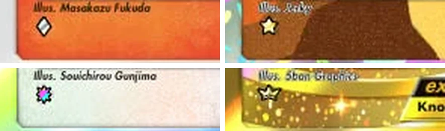 Símbolos de raridade no canto inferior esquerdo de cartas do Pokémon TCG Pocket: 1 diamante, 1 estrela, brilhante e coroa