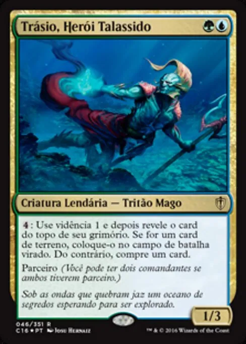 Carta Trásio, Herói Talassido de Magic, comandante parceiro que transforma mana em cartas