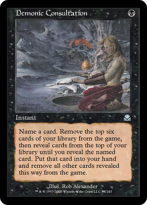 Carta Consulta Demoníaca (Demonic Consultation) de Magic, instantânea que pode exilar o grimório inteiro