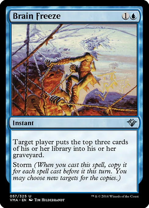 Carta Congelamento Cerebral (Brain Freeze) de Magic, instantânea com tempestade que mói cartas