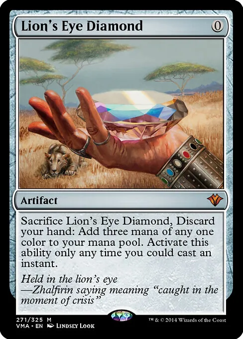 Carta Diamante Olho de Leão (Lion's Eye Diamond) de Magic, artefato de custo zero que gera 3 manas